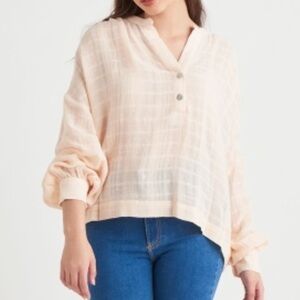 Black Tape Textured Henley Blouse in Cream Pink